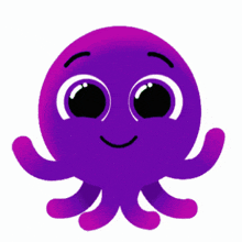 a purple octopus with a smiling face and black eyes