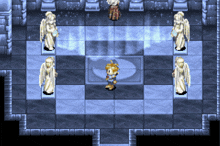 a video game is being played in a room with statues on the floor