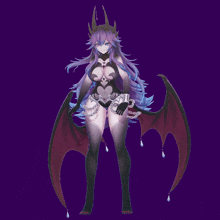 a purple haired anime character with wings and horns on a purple background
