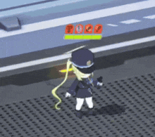 a girl in a police uniform is standing on a tiled floor .