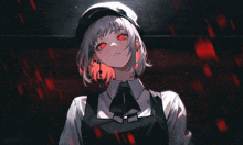 a girl with white hair and red eyes is wearing a hat