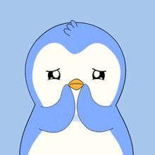 a blue and white penguin with a yellow star in the background