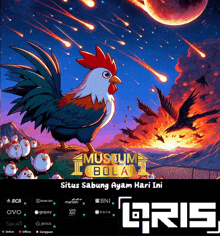 a poster for museum bola with a rooster and chickens on it