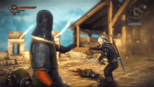 a screenshot of a video game shows a man holding a sword and another man holding a sword
