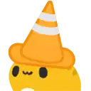 a yellow cartoon character is wearing an orange cone hat .