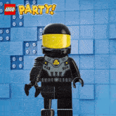 a poster for a lego party with a lego figure