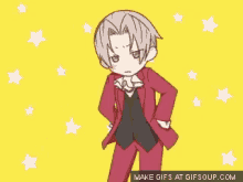 a cartoon of a man in a red suit standing in front of a yellow background