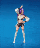a woman with purple hair and white boots is dancing