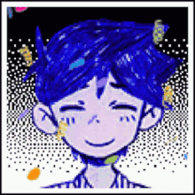 a pixel art of a boy with blue hair and a smile on his face .