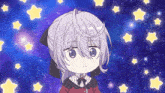 a little girl with a sad look on her face is surrounded by yellow stars