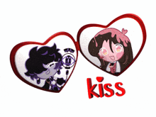 a couple of hearts with a girl and a boy and the word kiss below them