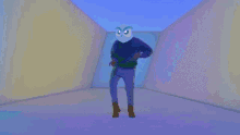 a person with an owl mask on their head is dancing in a room