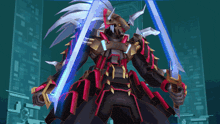 a robot is holding two swords in front of a city