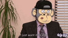 a man in a suit and tie with a monkey on his head says i just want it to stop