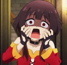 a girl is making a funny face with her hands on her face