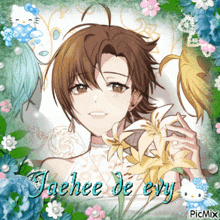 a picture of a girl with flowers and the name jachee de evy