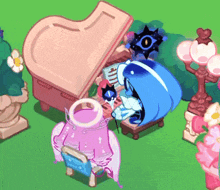 a cartoon character is playing a piano in a game