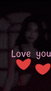 a woman in a red dress is surrounded by red hearts that say love you
