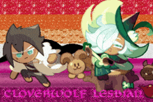 a cartoon drawing of a witch and a wolf with the words cloverroot lesbian