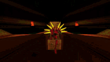 a computer generated image of a red robot with yellow wings in a hallway