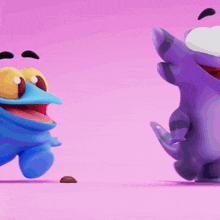 a blue and purple cartoon character standing next to each other on a pink background