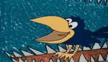 a cartoon bird with a large yellow beak is standing on a branch with shark teeth .