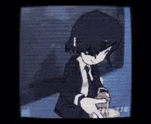 a cartoon of a boy in a suit and tie sitting on a chair .