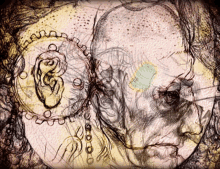 a drawing of a woman 's face with a green circle in the middle