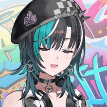a girl with blue hair wearing a beret with a thumbs up sticker on it