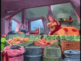 a cartoon drawing of a cow sitting in front of a table full of fruit and vegetables