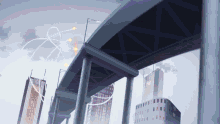a computer generated image of a bridge with a few buildings in the background