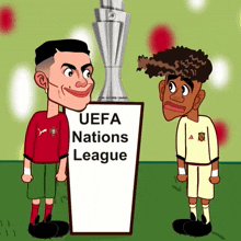 a cartoon of two soccer players standing next to a uefa nations league sign