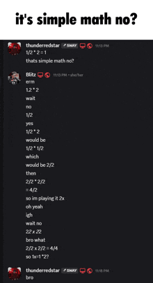 a screenshot of a conversation between thunderredstar and blitz asking if it 's simple math no