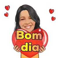 a cartoon of a woman holding a red heart that says bom dia