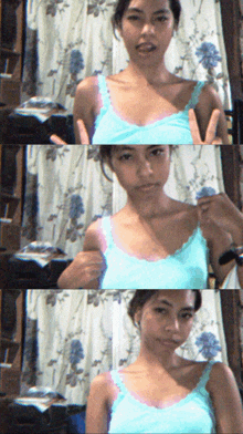 three pictures of a woman in a blue tank top with a floral curtain behind her