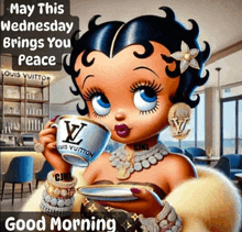 betty boop is holding a cup of coffee and a saucer in her hands .