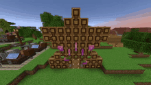a screenshot of a minecraft game shows a large wooden structure with purple flowers in front of it