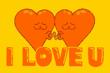 two orange hearts kissing with the words i love u behind them