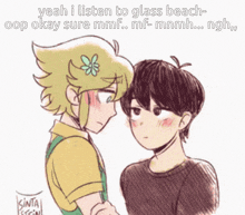a drawing of two anime characters with the caption yeah i listen to glass beach okay sure mmf