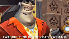 a cartoon character with a microphone on his head and the words `` i was building up your bad boy image ''