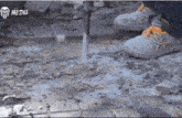 a person wearing asics shoes is using a hammer to drill a hole