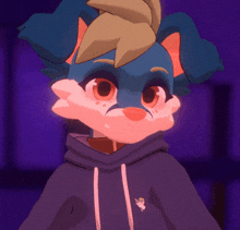 a close up of a cartoon character wearing a blue hoodie with a small white bird on it