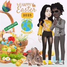 a man and a woman standing next to a rabbit and a basket of easter eggs with the words happy easter 2025