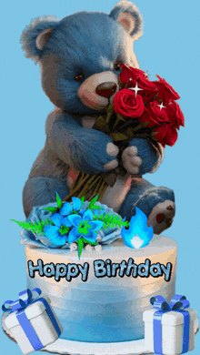 a blue teddy bear is holding a bouquet of roses on top of a birthday cake