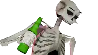 a skeleton is holding a green bottle of beer in his right hand