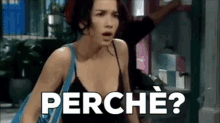 a woman is standing in front of a sign that says perche .