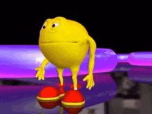 a yellow cartoon character is standing on a purple surface with red feet .