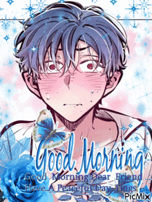 a picture of a boy with the words good morning dear friend have a peaceful day hugs on it
