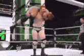 a wrestler is being lifted in the air by another wrestler in a wrestling ring