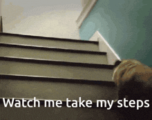 a dog walking up a set of stairs with the words watch me take my steps